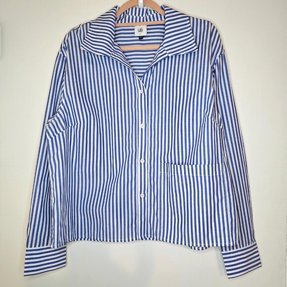 CAbi Striped Long Sleeve Button Up Prep School  Shirt 6085, L, White & Blue - Picture 2 of 9